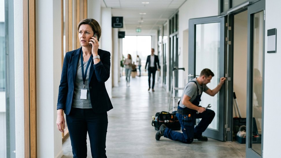 Facility manager belt over een storing terwijl een monteur op de achtergrond een deur repareert Facility manager belt over een storing terwijl een monteur op de achtergrond een deur repareert