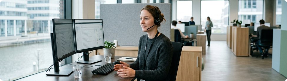 Servicedeskmedewerker met headset registreert facilitaire meldingen