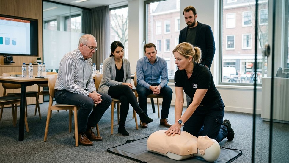 BHV-instructeur demonstreert reanimatie op een oefenpop tijdens een bedrijfstraining BHV-instructeur demonstreert reanimatie op een oefenpop tijdens een bedrijfstraining