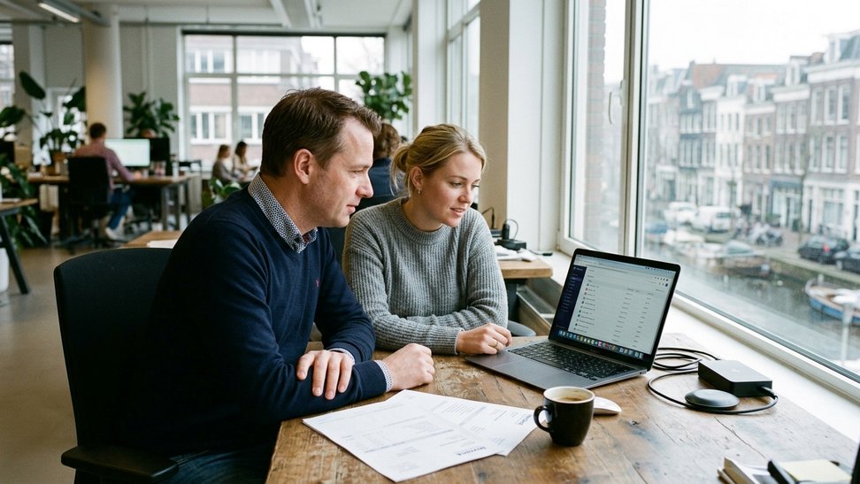 ICT-manager en financieel collega bekijken samen een overzicht van software-abonnementen ICT-manager en financieel collega bekijken samen een overzicht van software-abonnementen