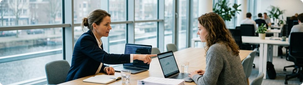 Twee collega's bespreken softwarecontracten aan een vergadertafel