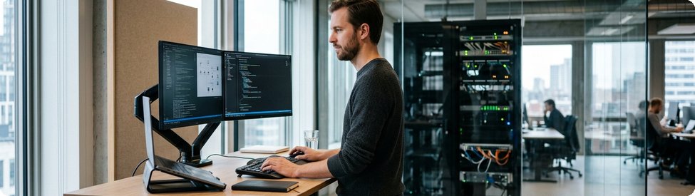 ICT-beheerder werkt aan een sta-bureau met zicht op de serverruimte