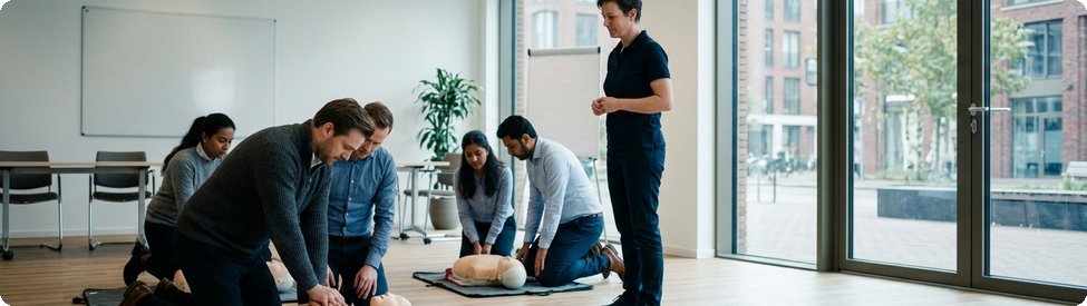 Medewerkers oefenen reanimatie tijdens een BHV-training op kantoor