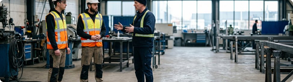 Toolbox-instructie aan twee technici in een werkplaats