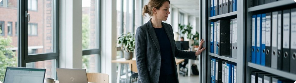 Medewerker zoekt tussen ordners met contracten in een archiefkast