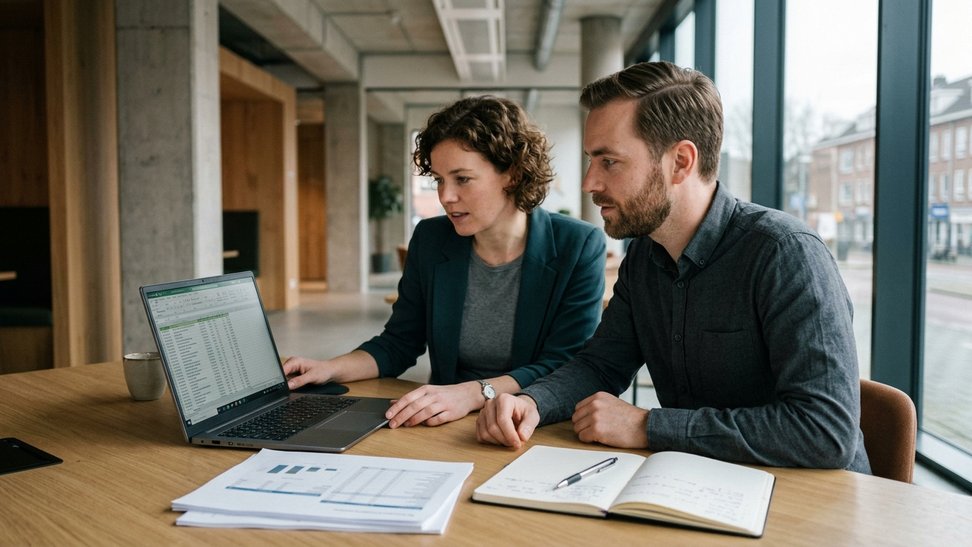 Inkoper en collega bekijken samen een lange leverancierslijst op een laptop Inkoper en collega bekijken samen een lange leverancierslijst op een laptop