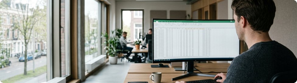 Medewerker bekijkt een spreadsheet met leveranciersgegevens op een breed scherm