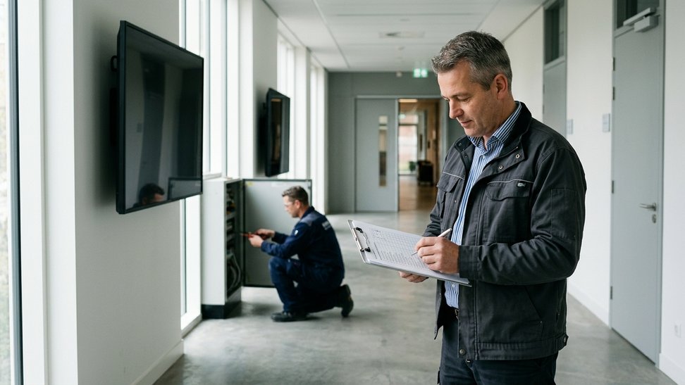 Facility manager loopt met een papieren checklist door een gang met donkere schermen terwijl een monteur aan een kast werkt Facility manager loopt met een papieren checklist door een gang met donkere schermen terwijl een monteur aan een kast werkt