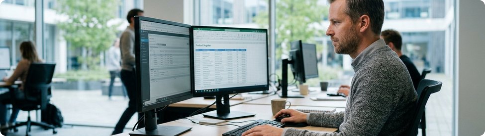 ICT-inkoper controleert een productregister op twee beeldschermen