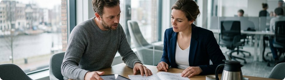 Inkoper en collega nemen productdocumentatie van een leverancier door