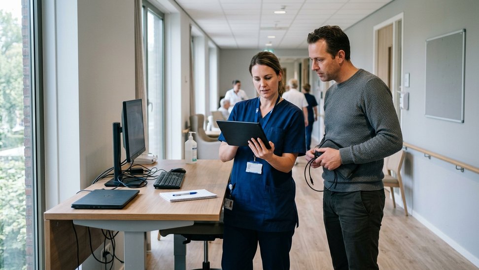 Verpleegkundige met een tablet overlegt met een ICT-collega op een afdeling Verpleegkundige met een tablet overlegt met een ICT-collega op een afdeling