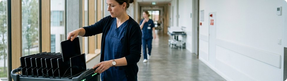 Verpleegkundige zet tablets terug in een oplaadkar op de afdeling