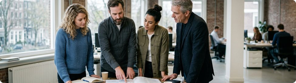Team neemt een papieren continuïteitsplan door tijdens een overleg