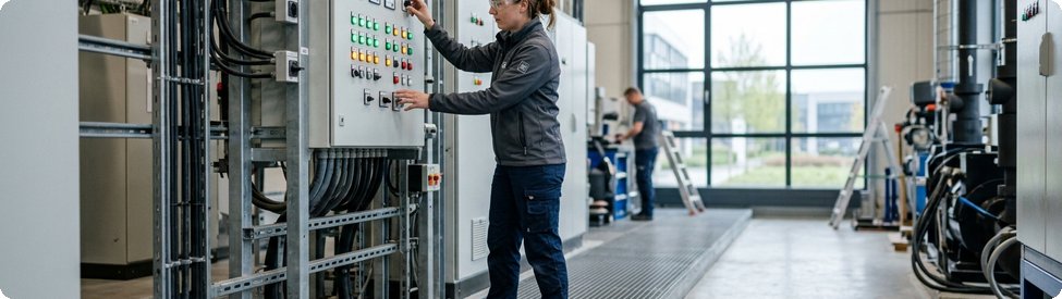Technicus bedient een schakelkast van de noodstroominstallatie