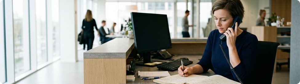Receptiemedewerker noteert meldingen met de hand terwijl ze telefoneert