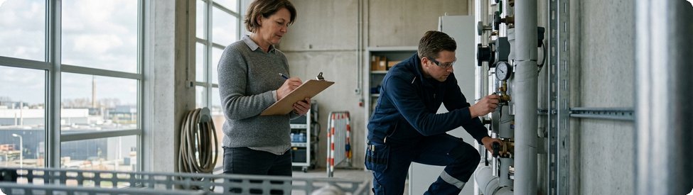 Facility manager noteert bevindingen terwijl een monteur een installatie controleert