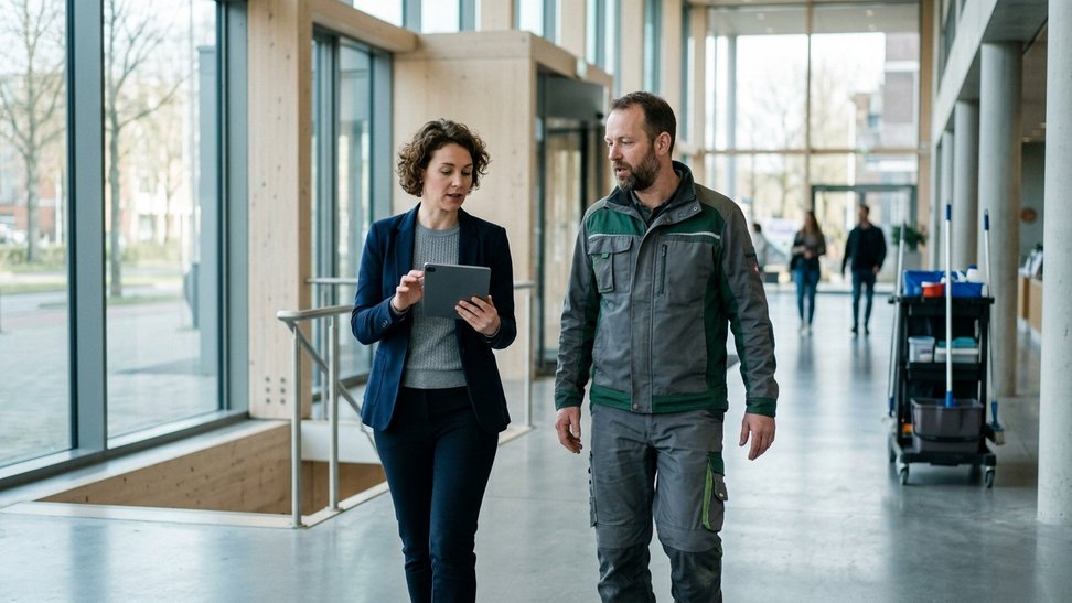 Facility manager met tablet loopt door een entreehal in gesprek met een medewerker van een dienstverlener Facility manager met tablet loopt door een entreehal in gesprek met een medewerker van een dienstverlener