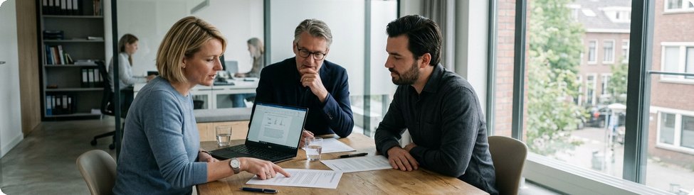 Drie collega's bespreken een leverancierscontract aan tafel