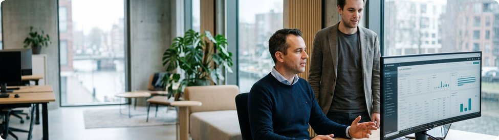 Twee collega's bekijken een overzicht van leveranciersprestaties op een scherm