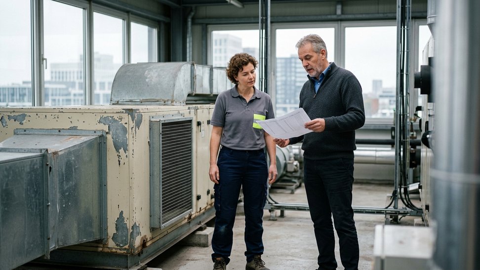 Technicus en facility manager staan bij een verouderde luchtbehandelingskast in een technische ruimte Technicus en facility manager staan bij een verouderde luchtbehandelingskast in een technische ruimte