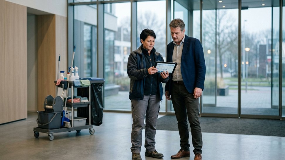 Facility manager en schoonmaakleidinggevende bekijken samen een schoonmaakplanning op een tablet in een kantoorhal Facility manager en schoonmaakleidinggevende bekijken samen een schoonmaakplanning op een tablet in een kantoorhal