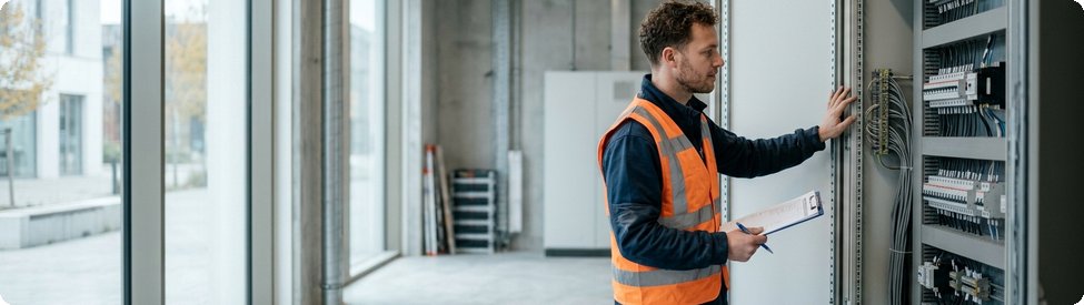 Technicus controleert een grote elektrische aansluitkast in de technische ruimte