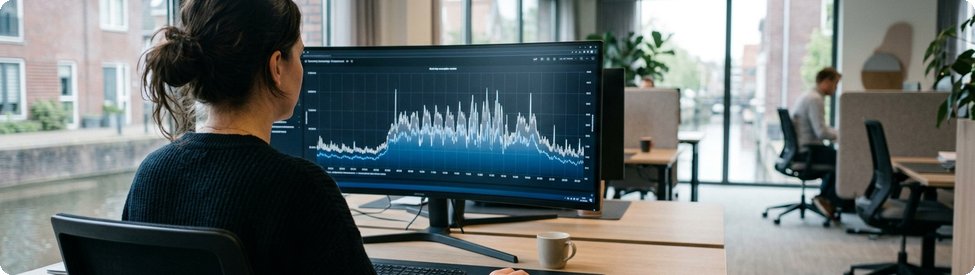 Analist bekijkt kwartierwaarden van het elektriciteitsverbruik op een breed scherm