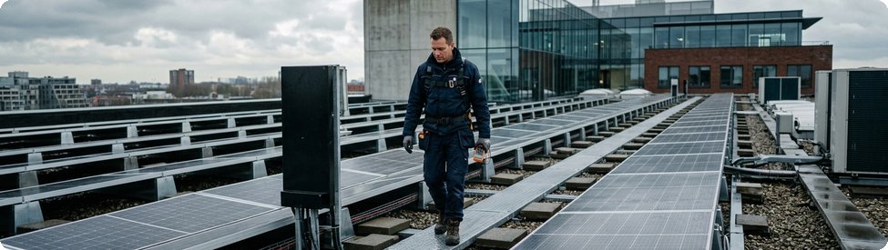 Zonnepanelen op het dak van een kantoorgebouw met een technicus tussen de rijen