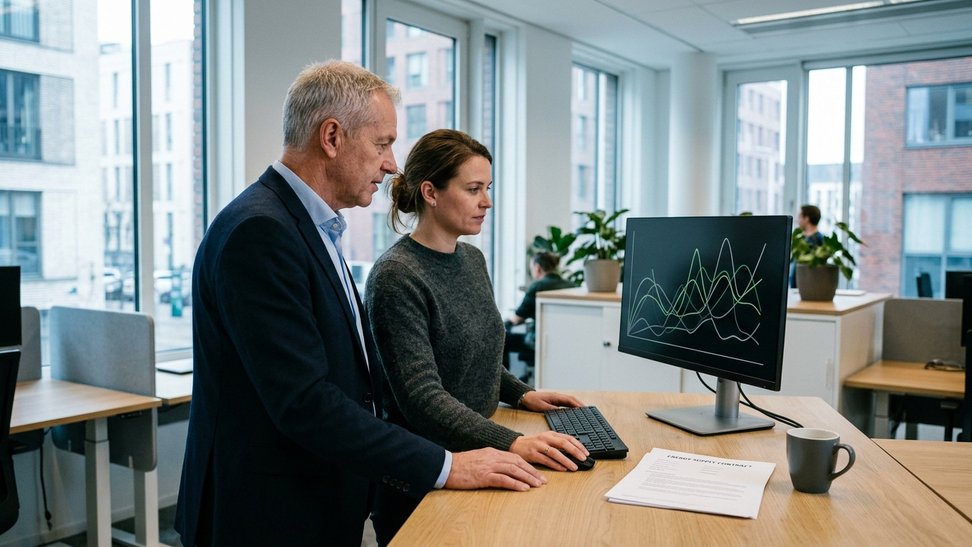 Facility manager en financieel collega bekijken een verbruiksgrafiek op een scherm met het energiecontract op tafel Facility manager en financieel collega bekijken een verbruiksgrafiek op een scherm met het energiecontract op tafel