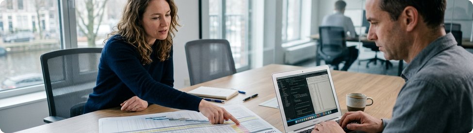 Twee collega's nemen een meerjarenonderhoudsplan door aan een vergadertafel