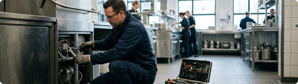 Monteur repareert een grote keukenmachine in een professionele keuken