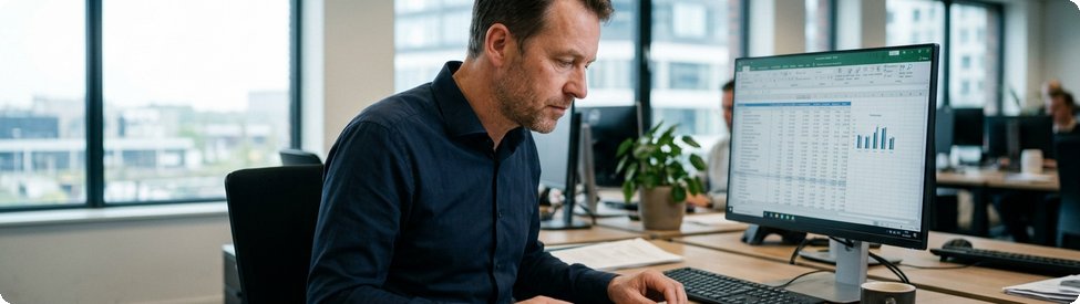 Facility manager vergelijkt een prijsvoorstel op papier met een berekening op het scherm