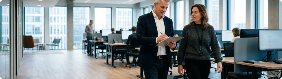 Facility manager en accountmanager lopen samen over een kantoorvloer en noteren bevindingen