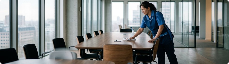 Schoonmaker maakt vroeg in de ochtend een vergadertafel schoon in een leeg kantoor