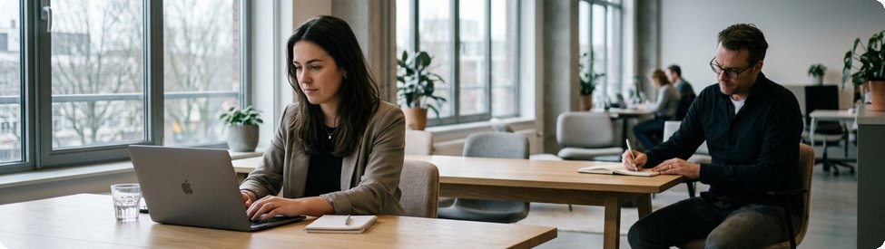 Kandidaat werkt aan een korte praktijkopdracht terwijl een collega meekijkt en aantekeningen maakt