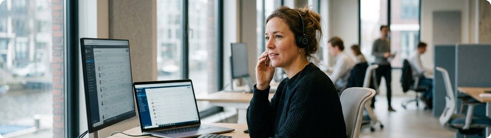 Recruiter belt een kandidaat met een kandidatenlijst op het tweede scherm