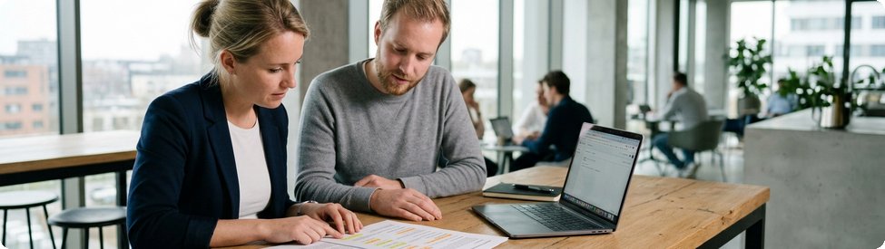 Twee collega's bekijken een overzicht met contractdata en verlengmomenten