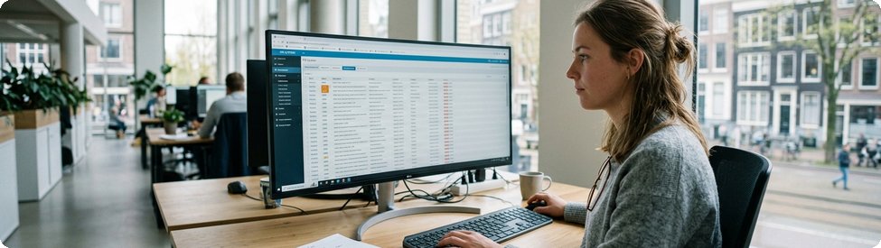 Medewerker bekijkt de meldinghistorie in een facilitair beheersysteem op een breed scherm