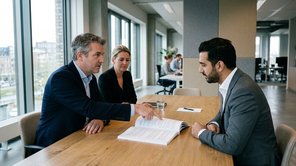ICT-inkoper en collega nemen samen een contract door met een vertegenwoordiger van een leverancier ICT-inkoper en collega nemen samen een contract door met een vertegenwoordiger van een leverancier